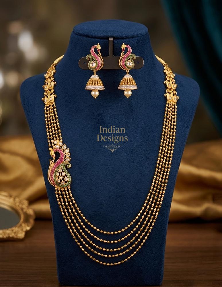 South Indian Bridal Jewelry| Matte Gold Peacock Rani Haar| Multi Layer Beaded Chain Necklace with Floral Jhumka Earrings| Temple Jewelry Set