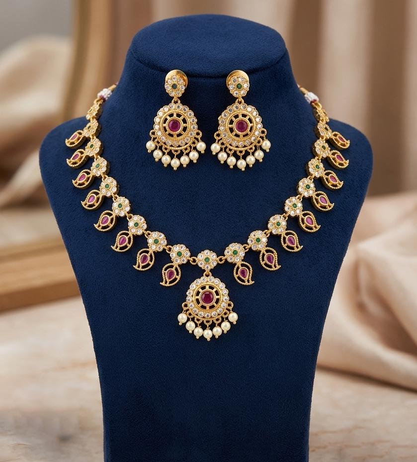South Indian Bridal Necklace and Earrings| Gold Plated Temple Jewelry Set| CZ Ruby Emerald Choker| Mango mala necklace| Antique gold choker