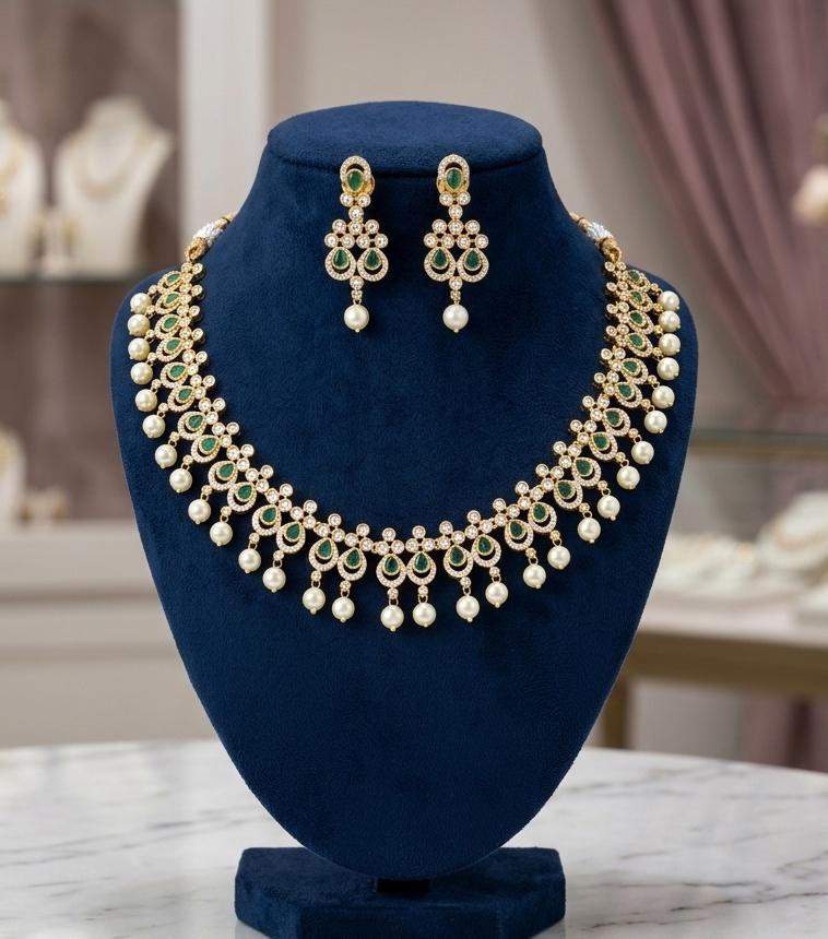 Indian Pearl Choker Necklace Set with Earrings| Gold Plated CZ Kemp Stone Bridal Jewelry| South Indian Temple Jewelry| Pakistani Wedding Set