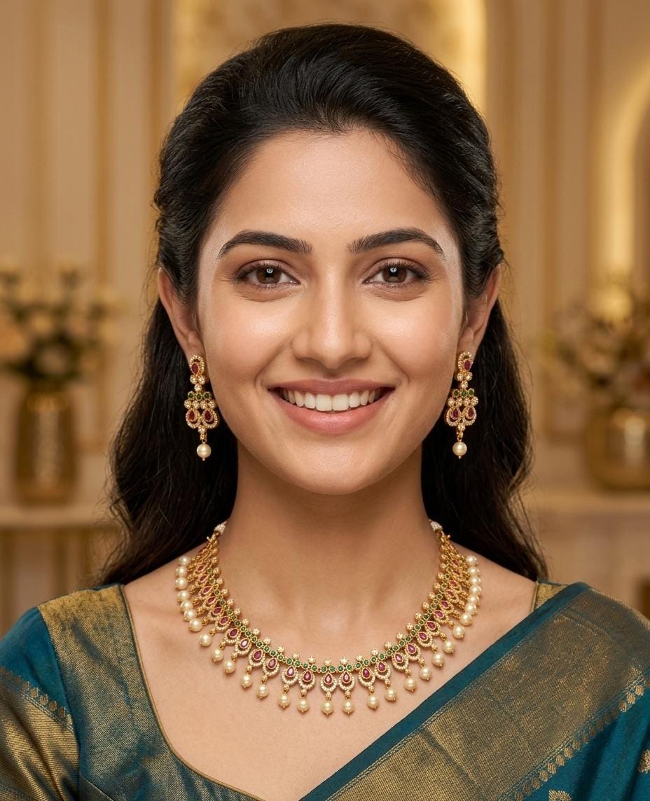 Indian Pearl Choker Necklace Set with Earrings| Gold Plated CZ Kemp Stone Bridal Jewelry| South Indian Temple Jewelry| Pakistani Wedding Set
