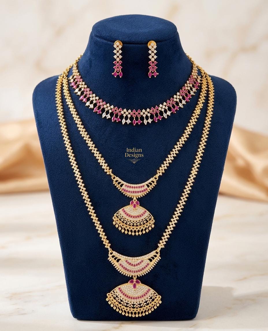 South Indian Bridal Necklace Set, Gold Plated CZ Haram Long Necklace, Choker & Earrings, Ruby Emerald Bridal Jewelry, Temple Wedding Set