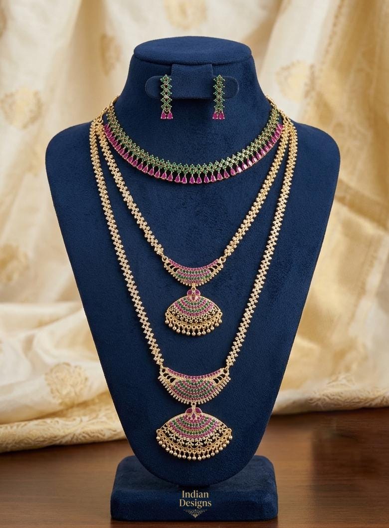 South Indian Bridal Necklace Set, Gold Plated CZ Haram Long Necklace, Choker & Earrings, Ruby Emerald Bridal Jewelry, Temple Wedding Set