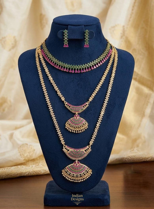 South Indian Bridal Necklace Set, Gold Plated CZ Haram Long Necklace, Choker & Earrings, Ruby Emerald Bridal Jewelry, Temple Wedding Set