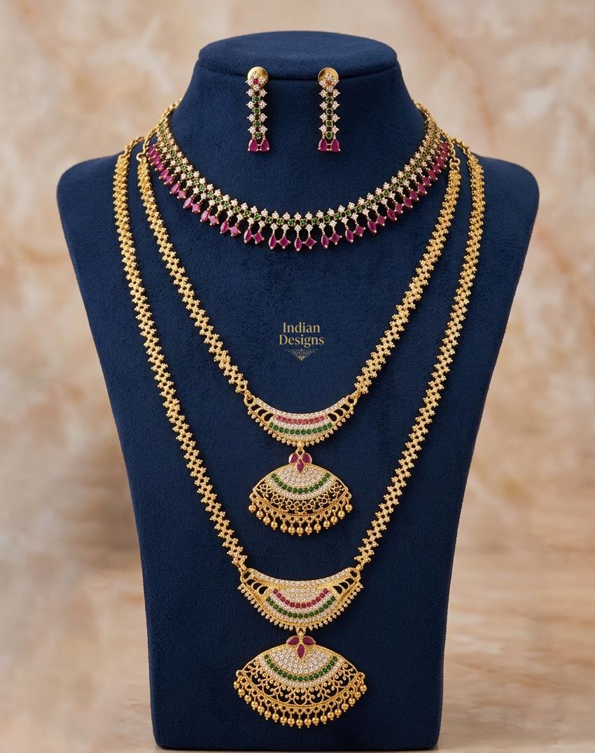 South Indian Bridal Necklace Set, Gold Plated CZ Haram Long Necklace, Choker & Earrings, Ruby Emerald Bridal Jewelry, Temple Wedding Set