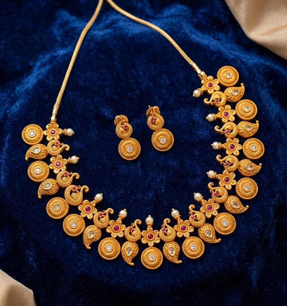 Indian Antique Gold Necklace Set| Reddish Gold Finish South Indian Bridal Jewelry| Peacock Paisley CZ Necklace & Matching Earrings