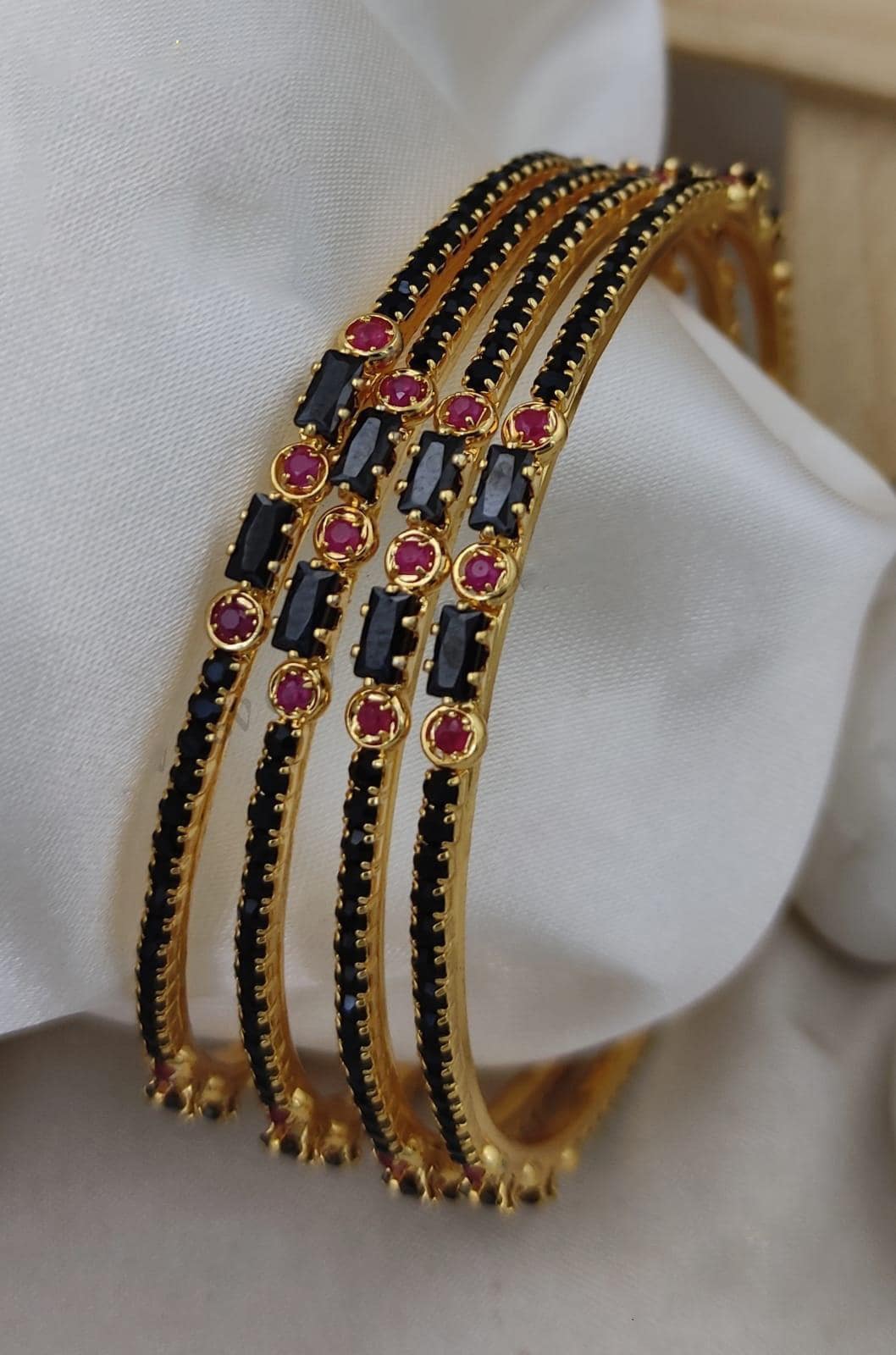 Black Stone Bangles Set of 4| Gold Plated Indian Bangles with Ruby Accents| Baguette Cut CZ Bracelet Ethnic Stacking Bangles Gift for her