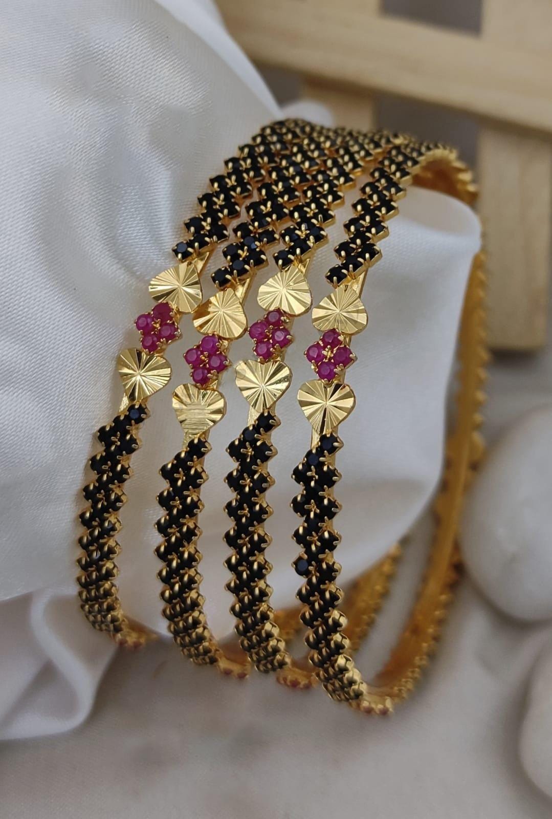 4 Pc Black Stone Bangle Set| Gold Plated Heart Sunburst Indian Bangles| Ruby Flower Motif Bracelet| South Indian Festive Chuda| Gift for her