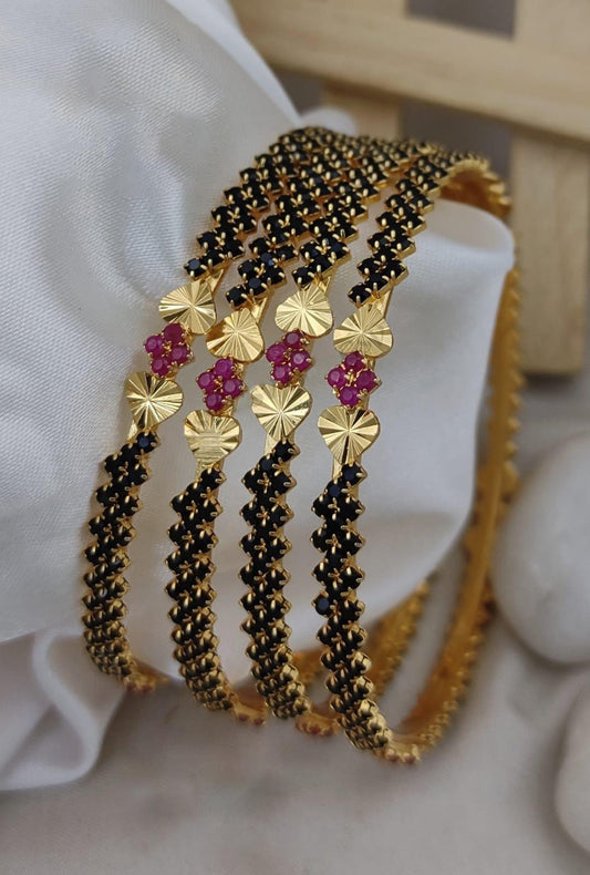 4 Pc Black Stone Bangle Set| Gold Plated Heart Sunburst Indian Bangles| Ruby Flower Motif Bracelet| South Indian Festive Chuda| Gift for her
