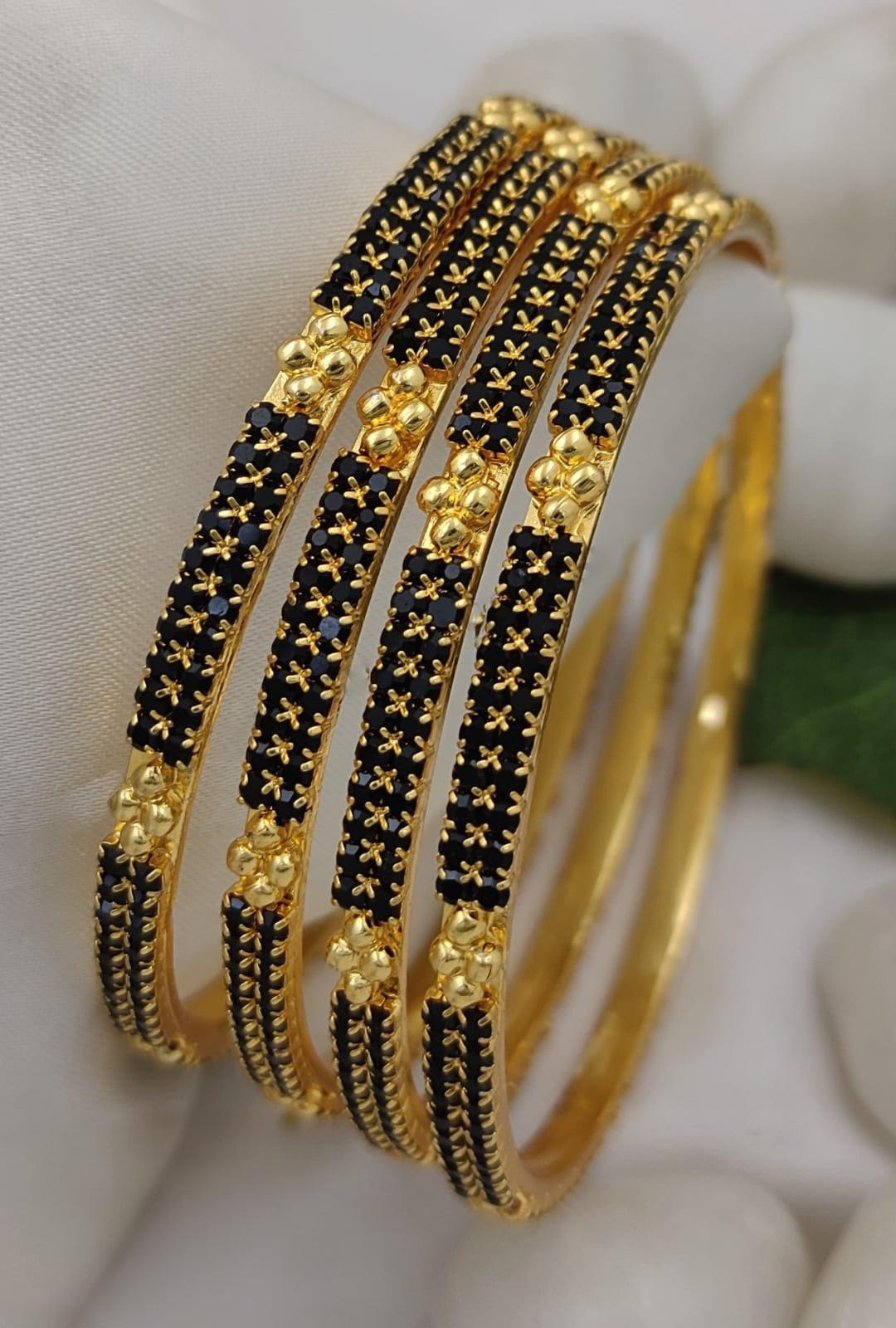 Black Stone Gold Plated Bangles 4 Pcs| Beaded Cluster Indian Bangles, Black CZ Bangles, Minimalist Traditional Bollywood Stack| Gift for her