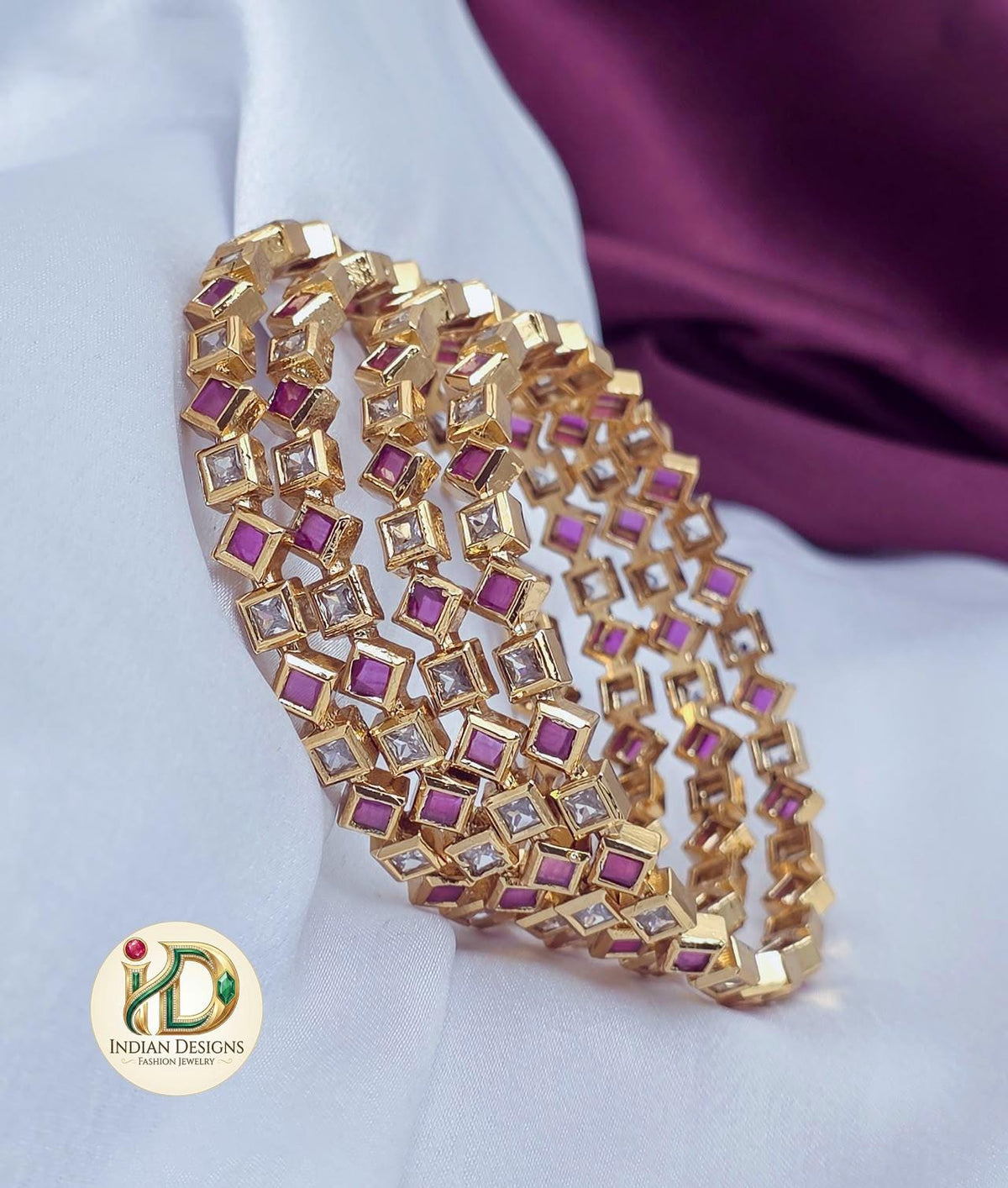 Ruby Pink White CZ Bangles Set of 4| Gold Plated Rhombus Indian Bangles| Princess Cut Stone Bracelet| Traditional Indian Festive Jewelry