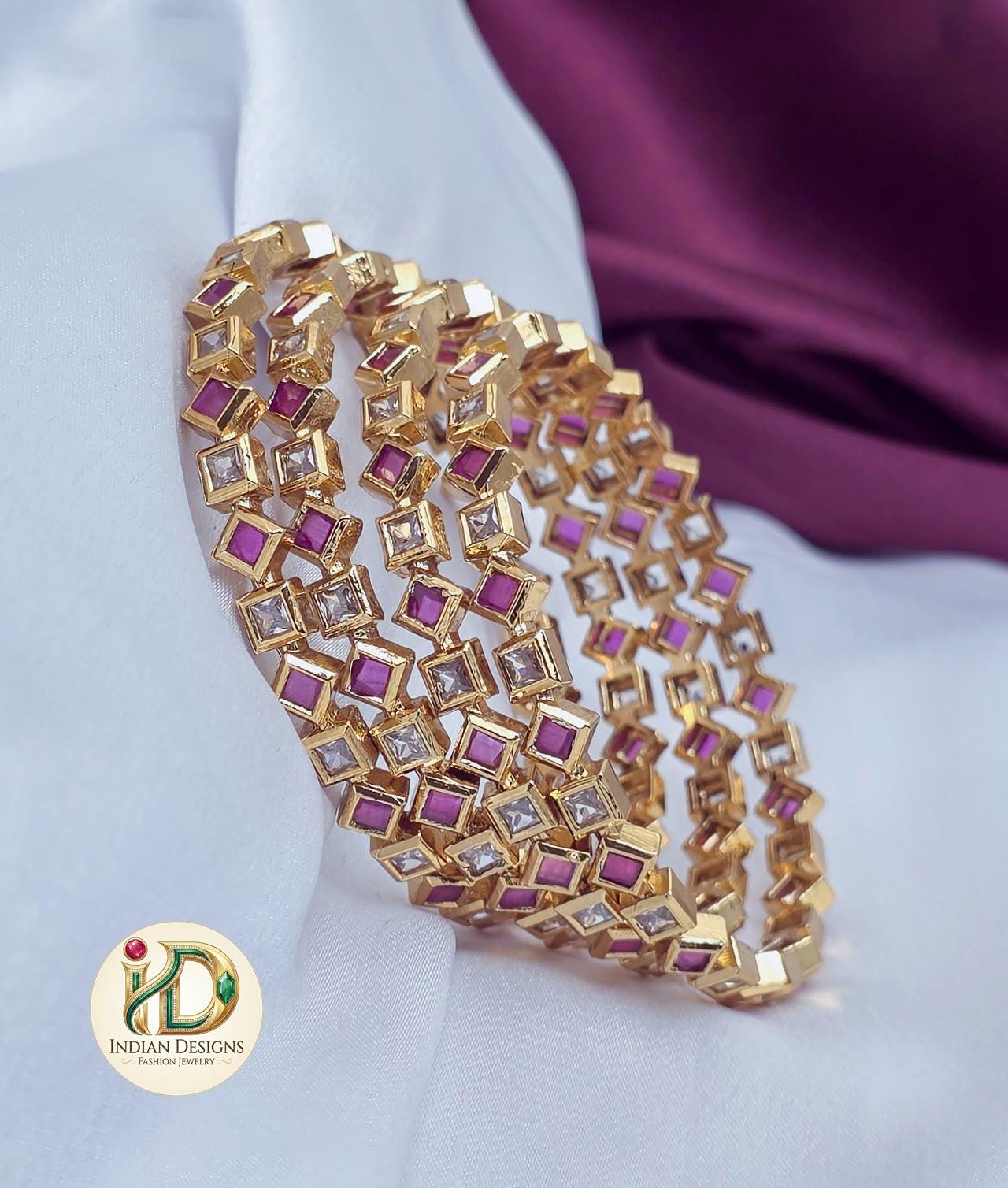 Ruby Pink White CZ Bangles Set of 4| Gold Plated Rhombus Indian Bangles| Princess Cut Stone Bracelet| Traditional Indian Festive Jewelry
