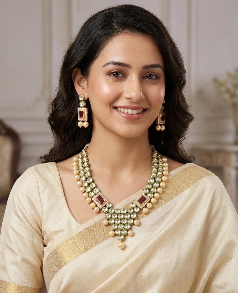 Kundan Necklace Indian Bridal Jewelry| Emerald Green Meenakari Polki Choker| Ruby Accent Statement Collar Necklace| Bollywood Wedding set