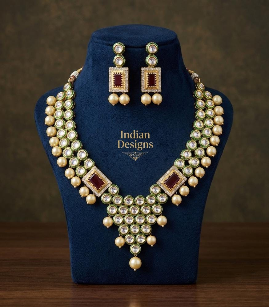 Kundan Necklace Indian Bridal Jewelry| Emerald Green Meenakari Polki Choker| Ruby Accent Statement Collar Necklace| Bollywood Wedding set