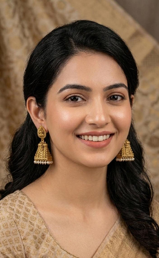 Antique gopuram Jhumka Earrings| South Indian Temple Jhumka Earrings with Pearl Drops| Matte Gold Lakshmi Jhumka Dangle| Gift for her