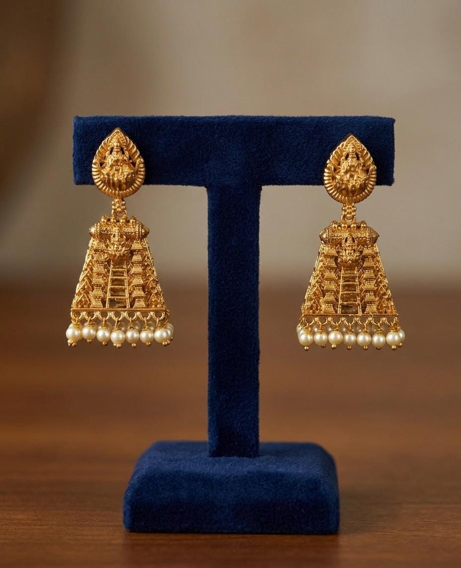 Antique gopuram Jhumka Earrings| South Indian Temple Jhumka Earrings with Pearl Drops| Matte Gold Lakshmi Jhumka Dangle| Gift for her