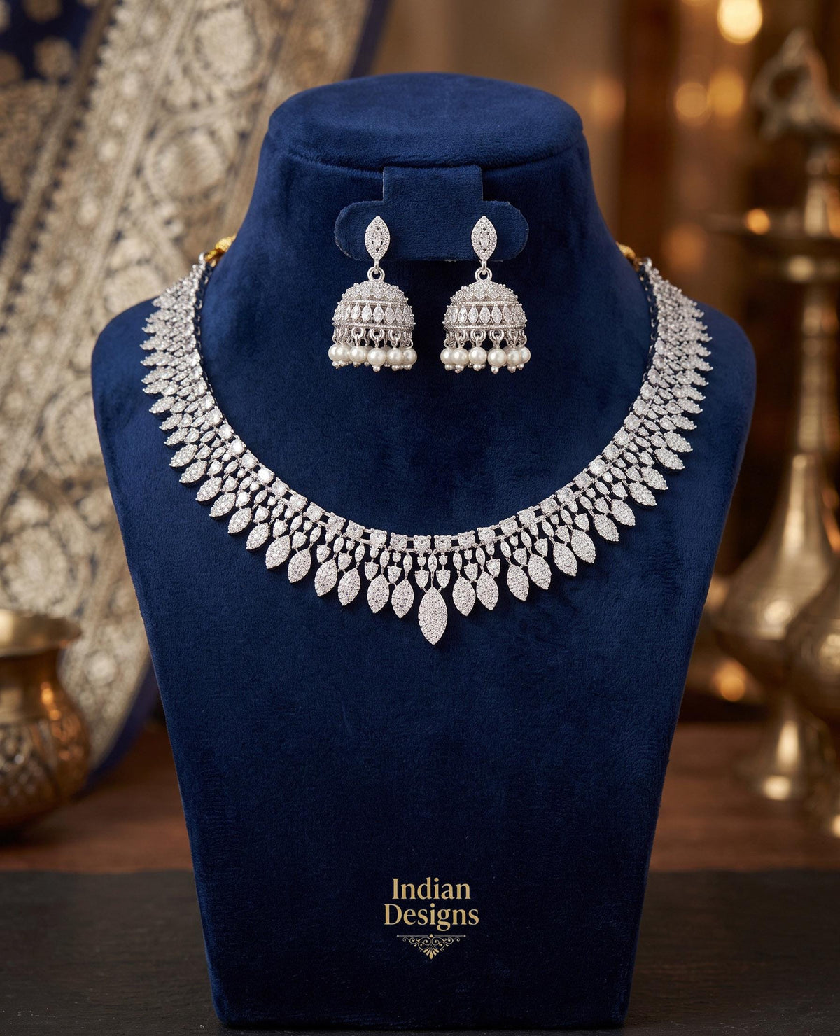 American Diamond Crystal necklace Simple choker Earring Set|CZ necklace and Jhumka set |Leaf Design Golden Daily wear jewelry|Gift for her