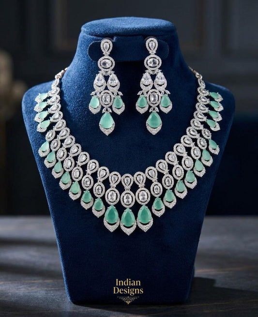 Emerald Green CZ Diamond Necklace Set| Indian Bridal Choker with Earrings| Bollywood Wedding Jewelry| Statement American Diamond Silver Set