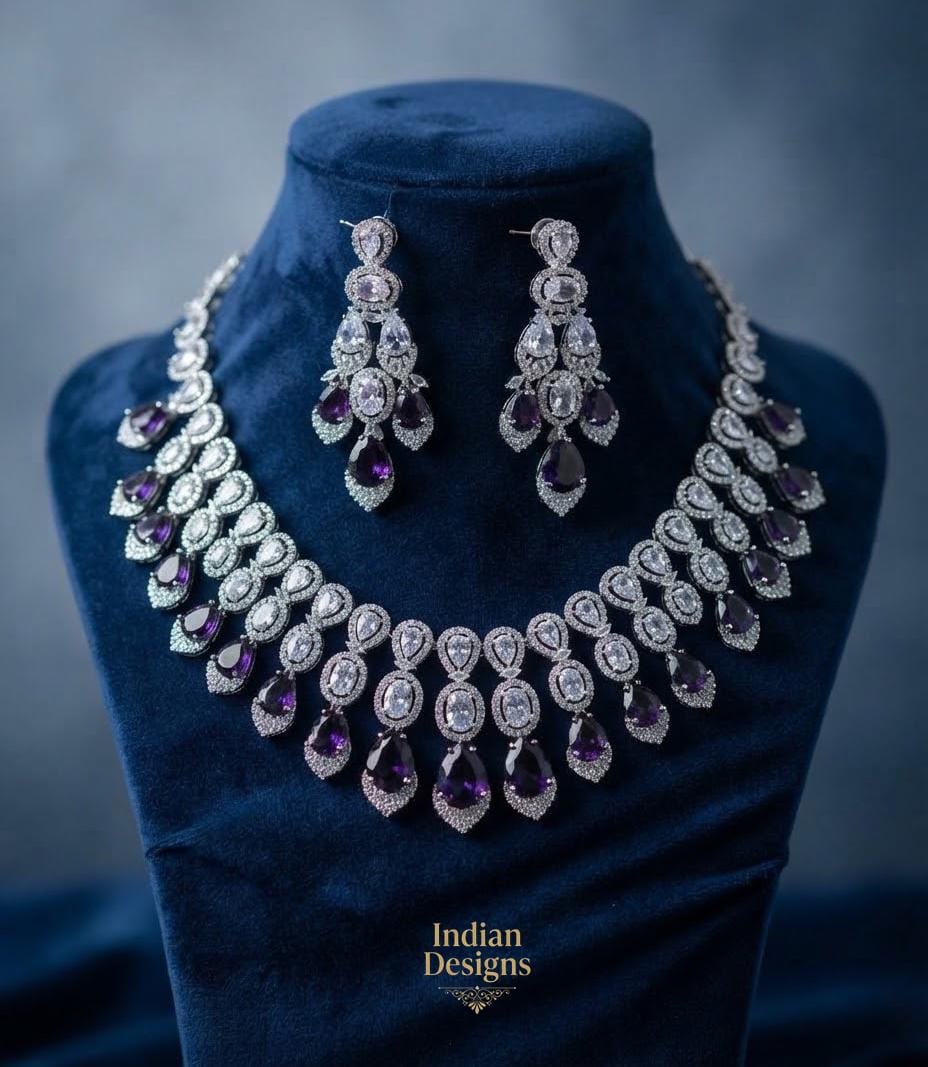 Emerald Green CZ Diamond Necklace Set| Indian Bridal Choker with Earrings| Bollywood Wedding Jewelry| Statement American Diamond Silver Set