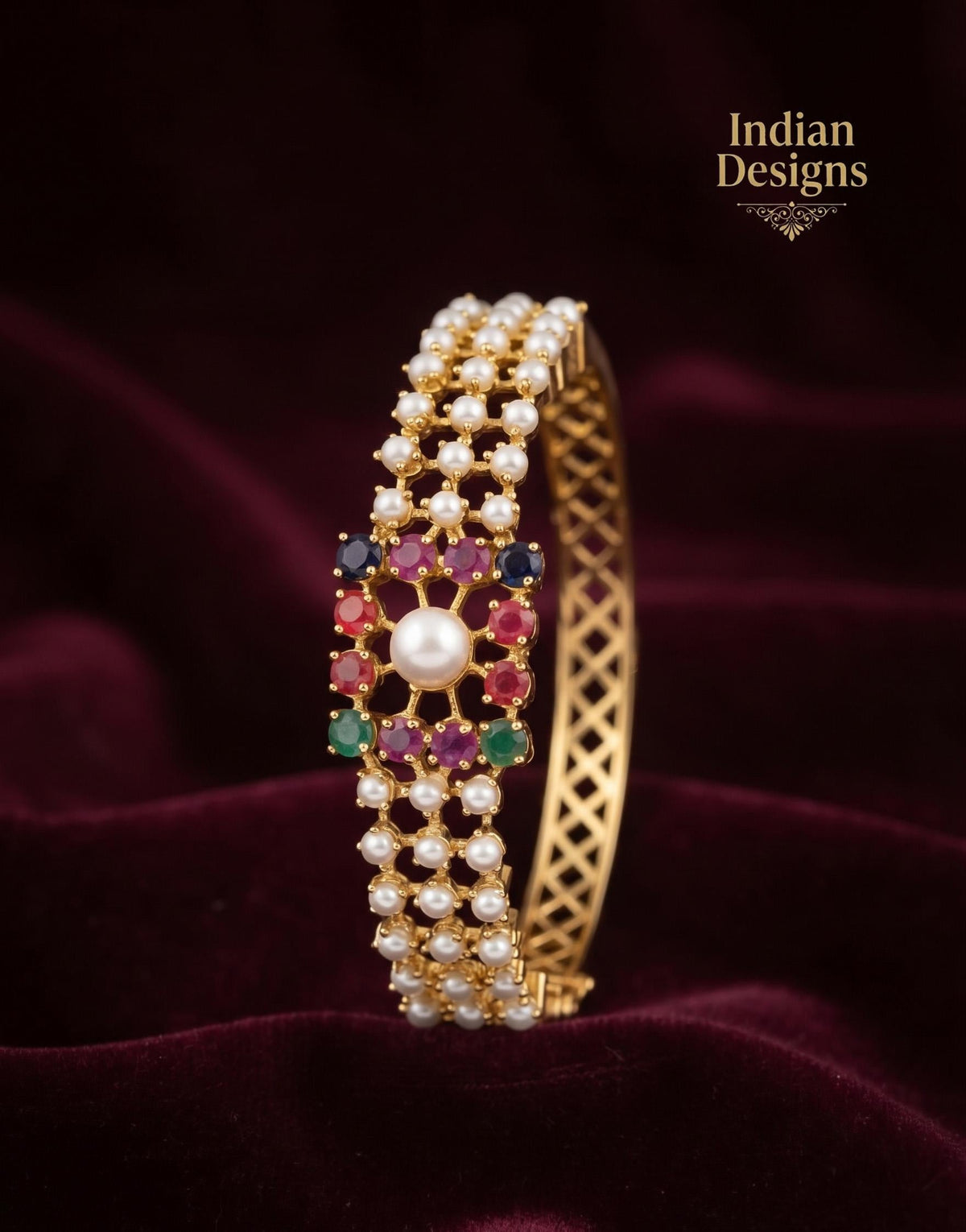 Openable pearl bangle| Indian AD stone Pearl Bangle Set|22k Gold Plated Kada Bracelet| Wedding Jewelry Gift for Her| Ruby Emerald Bangle