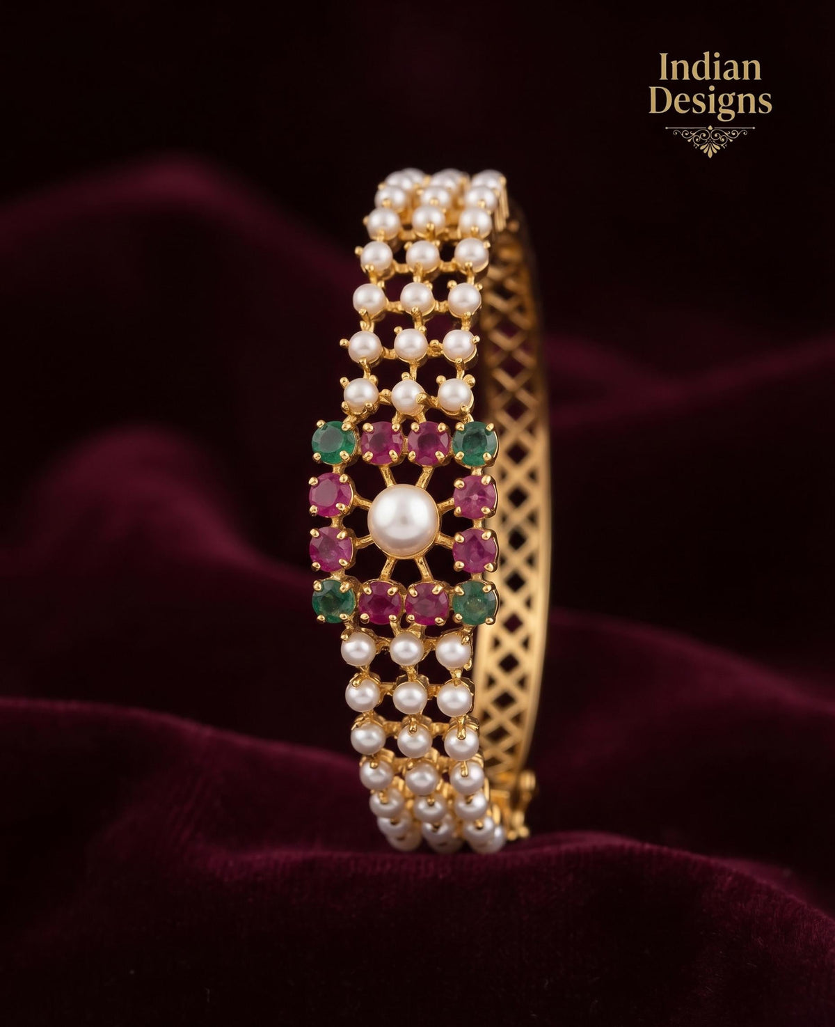 Openable pearl bangle| Indian AD stone Pearl Bangle Set|22k Gold Plated Kada Bracelet| Wedding Jewelry Gift for Her| Ruby Emerald Bangle