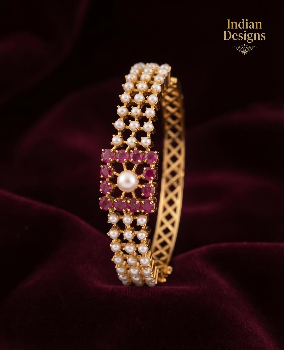 Openable pearl bangle| Indian AD stone Pearl Bangle Set|22k Gold Plated Kada Bracelet| Wedding Jewelry Gift for Her| Ruby Emerald Bangle
