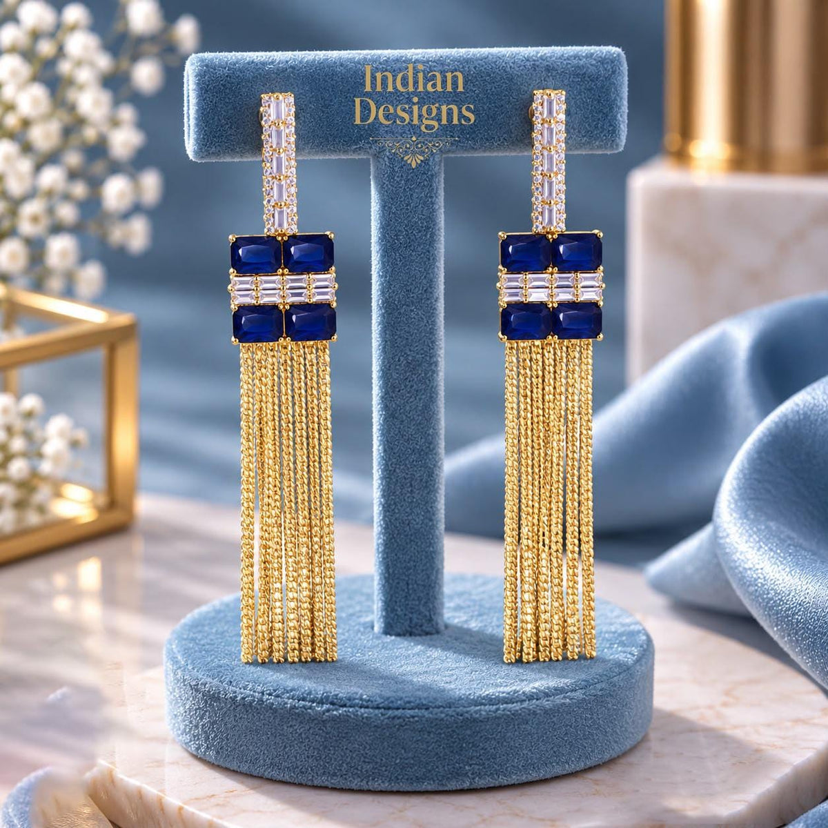 Gold Chain Tassel Drop Earrings| Bridal Statement Earrings| Baguette CZ Geometric Chandelier Earrings| Modern Indian Wedding Party Jewelry