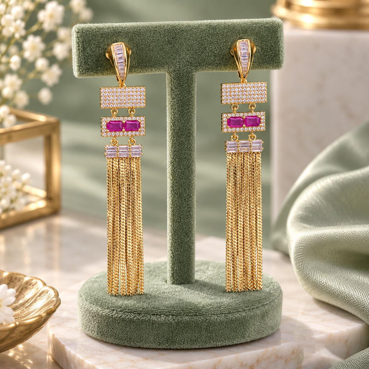 Gold Chain Tassel Drop Earrings| Bridal Statement Earrings| Baguette CZ Geometric Chandelier Earrings| Modern Indian Wedding Party Jewelry