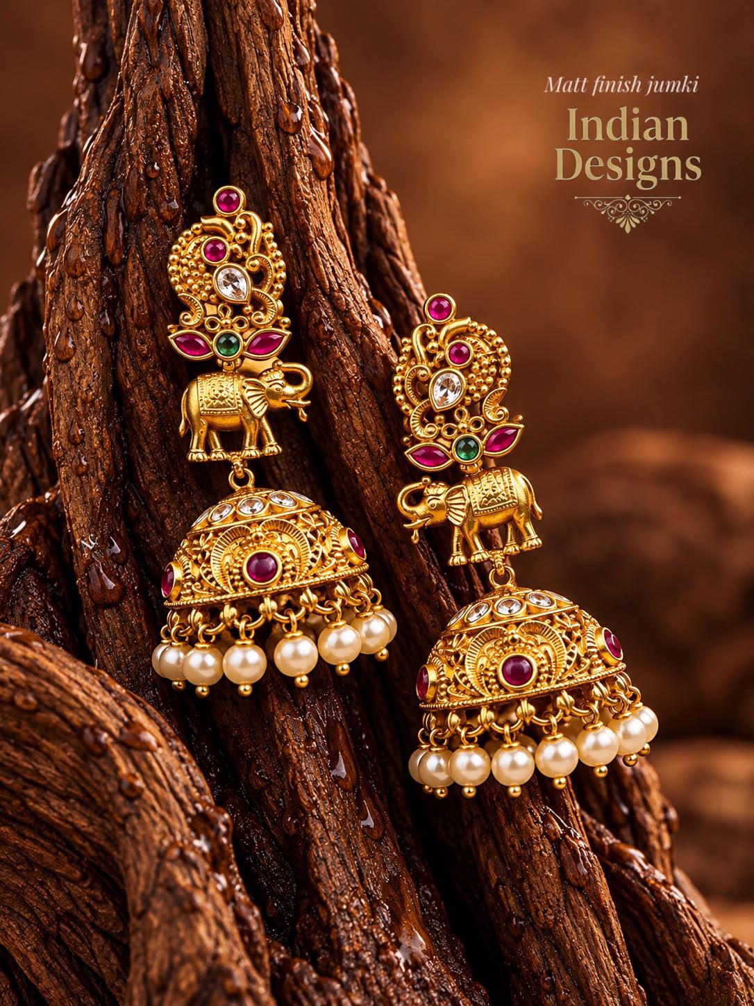 Antique Matte Gold Elephant Jhumka Earrings| Indian Temple Jewelry|Kemp Stone & Pearl Jumkas| South Indian Bridal Drop Earrings gift for her