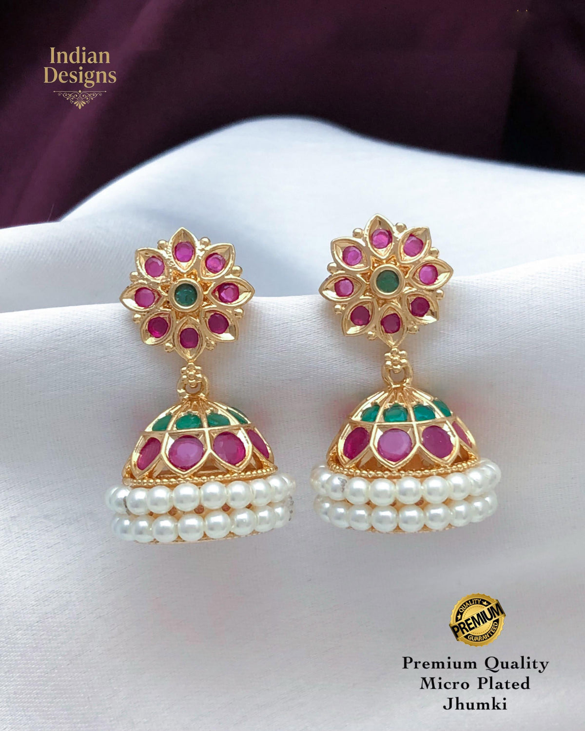 Small Jhumka Earrings with Pearls & AD Stones| Gold Plated Indian Earrings| Minimalist Traditional South Indian style Jhumki| Gift for Her