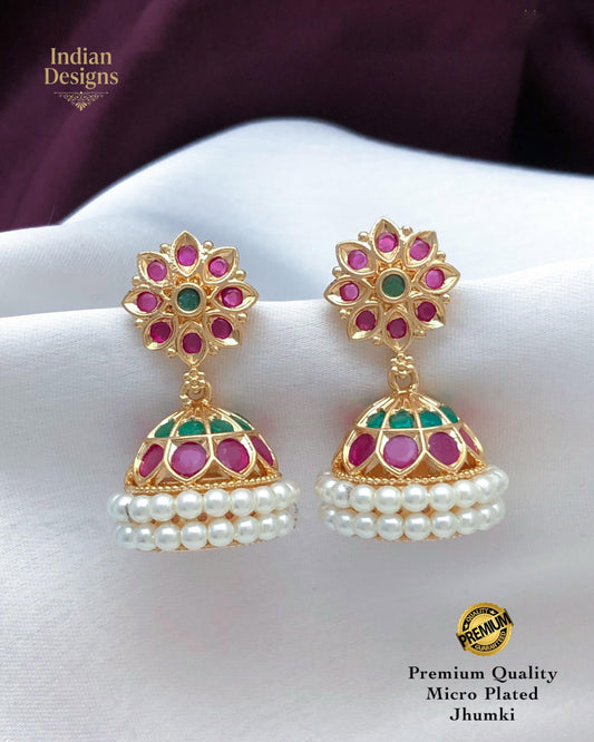 Small Jhumka Earrings with Pearls & AD Stones| Gold Plated Indian Earrings| Minimalist Traditional South Indian style Jhumki| Gift for Her