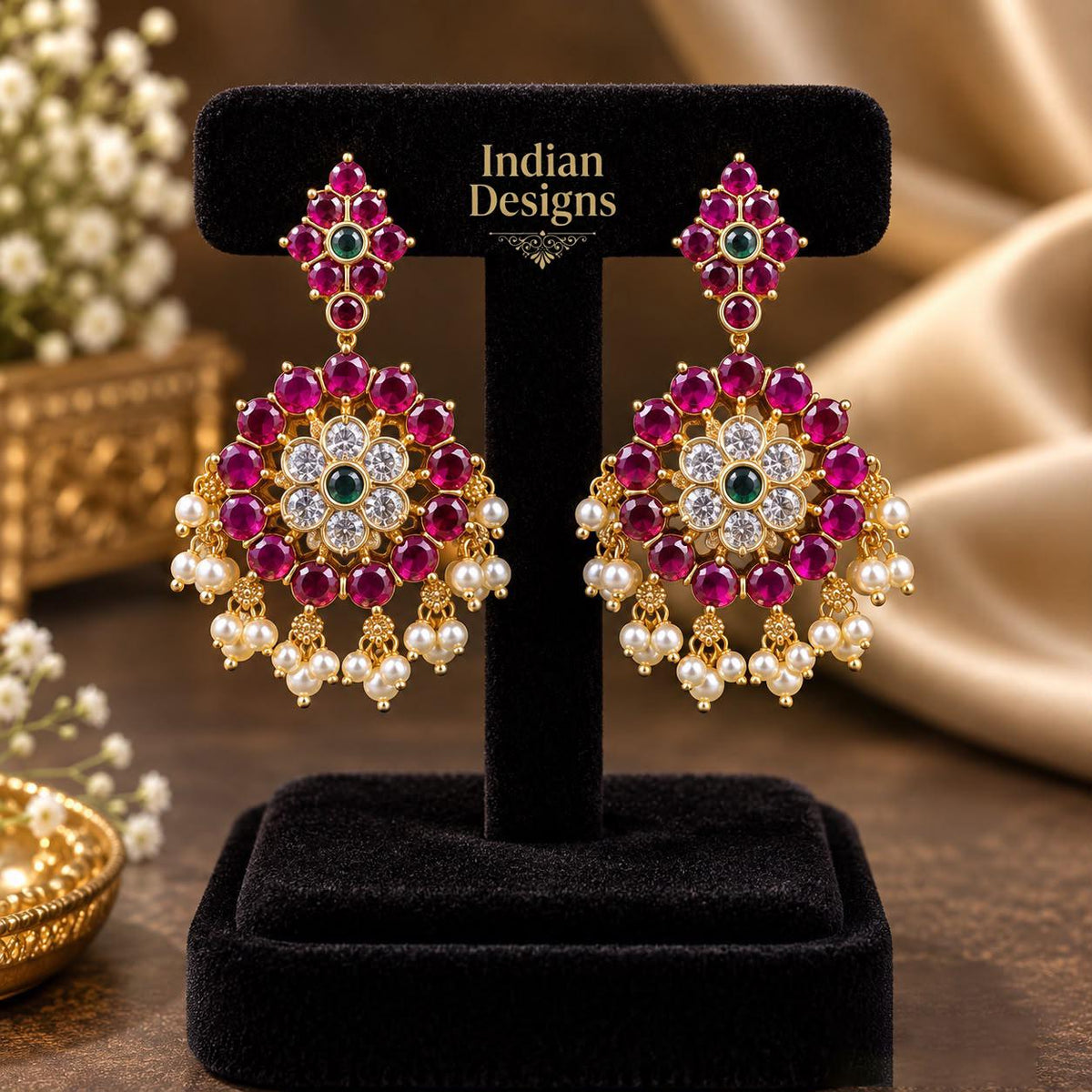 Indian Chandbali Earrings| Kemp Stone Floral Jhumka Earrings| Ruby Green Gold tone Bridal Jewelry| Traditional South Indian Temple Earrings