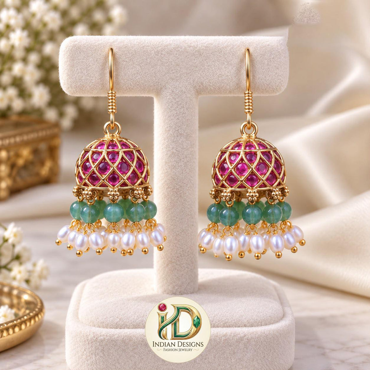 Indian Jhumka Earrings| Gold Tone Pearl Drop Earrings| Traditional Jhumki| Ethnic Wedding Jewelry| Festive Bell Drop Earrings for Women