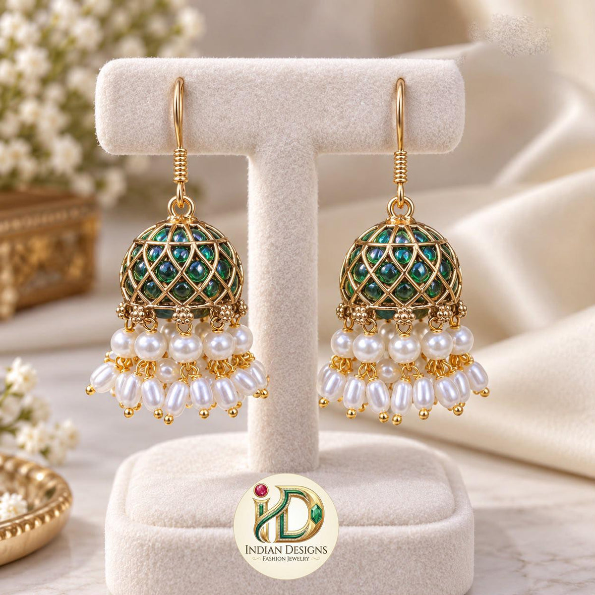 Indian Jhumka Earrings| Gold Tone Pearl Drop Earrings| Traditional Jhumki| Ethnic Wedding Jewelry| Festive Bell Drop Earrings for Women