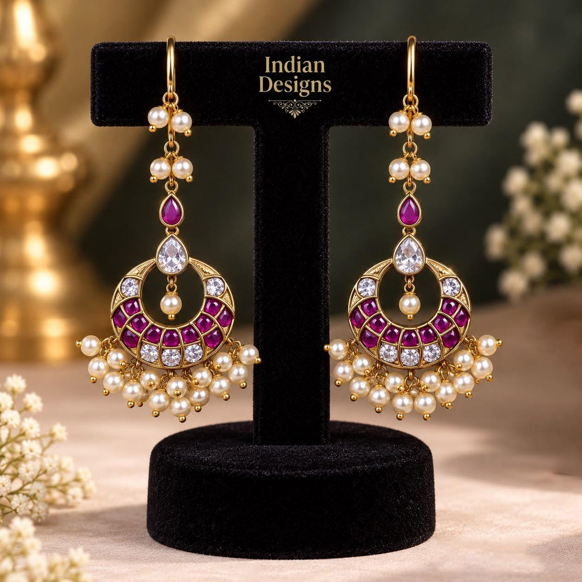 Indian Chandbali Earrings| Ruby Green Pearl Drop Jhumka| Gold Tone South Indian Chandelier Earrings| Ethnic Wedding Statement Jewelry