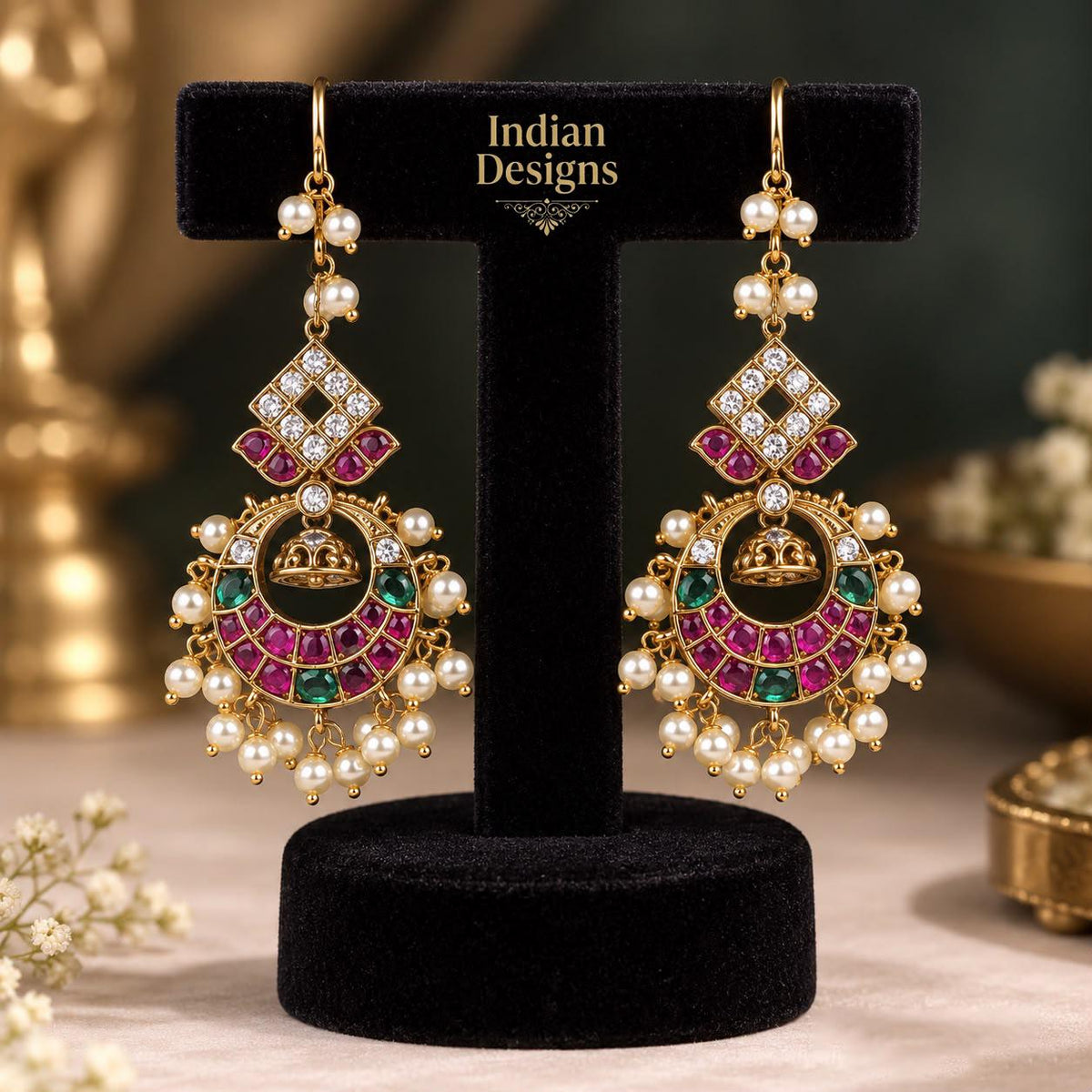 Indian Chandbali Earrings| Ruby Green Pearl Drop Jhumka| Gold Tone South Indian Chandelier Earrings| Ethnic Wedding Statement Jewelry