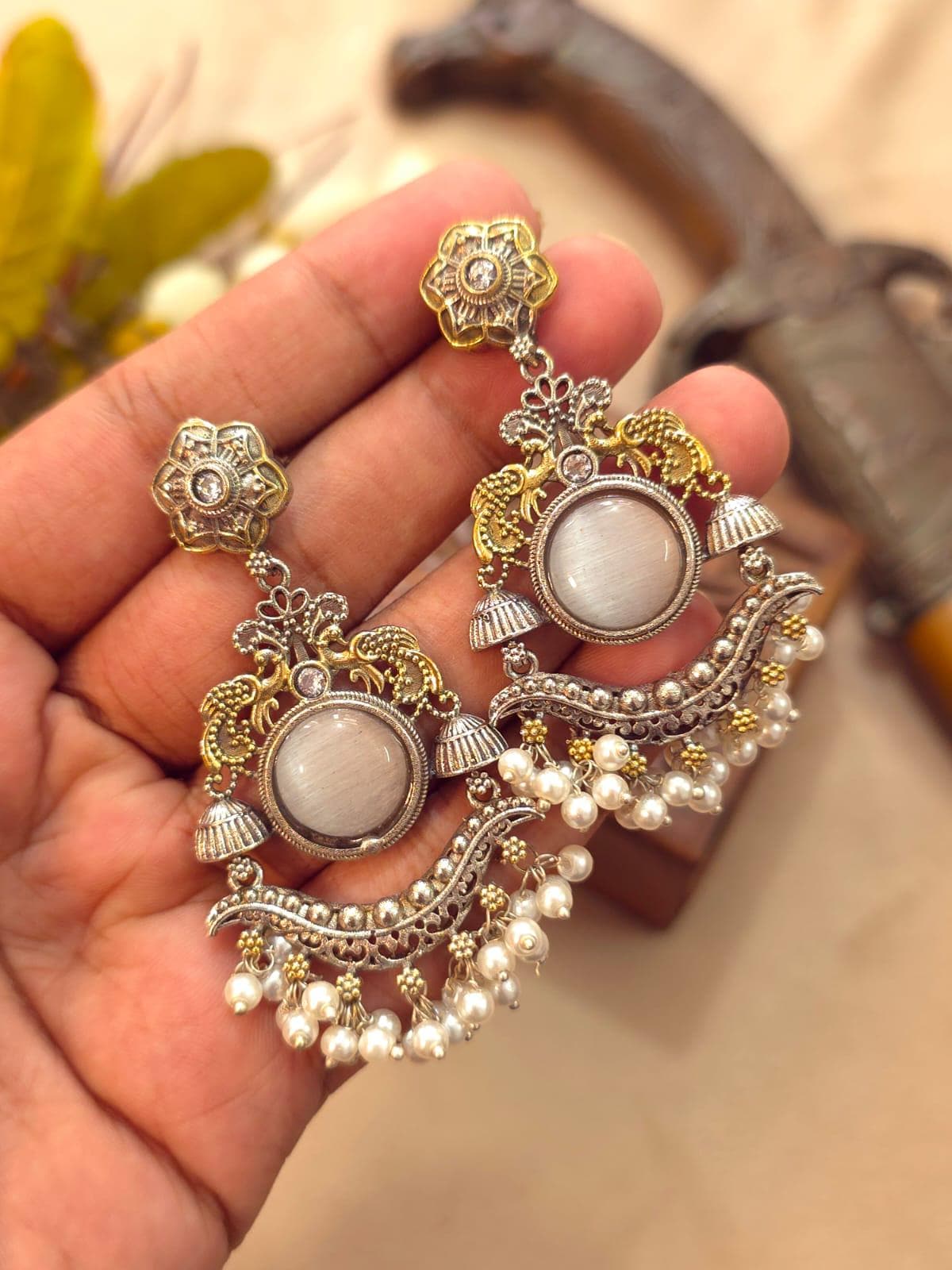 Dual tone Oxidized Silver Earrings| Indian Chandbali Earrings| Statement Earrings| Bollywood Style Earrings
