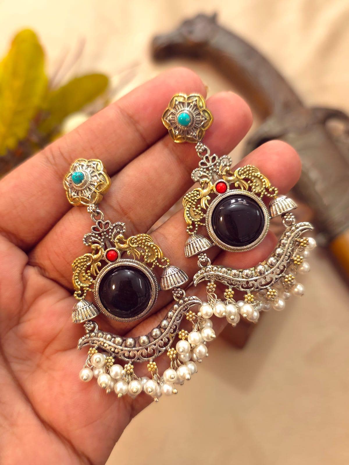 Dual tone Oxidized Silver Earrings| Indian Chandbali Earrings| Statement Earrings| Bollywood Style Earrings