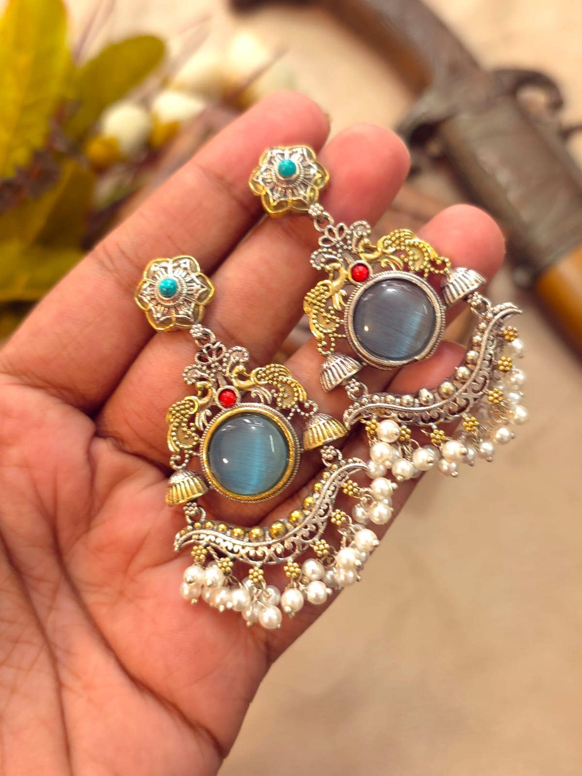 Dual tone Oxidized Silver Earrings| Indian Chandbali Earrings| Statement Earrings| Bollywood Style Earrings