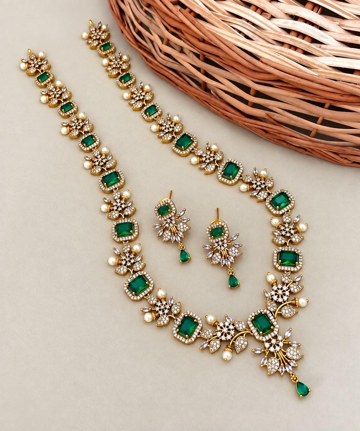 Indian CZ Long Necklace Set| South Indian Gold Tone Haram with Earrings| Bridal Temple Jewelry| Emerald Ruby AD stone Wedding Statement Haar