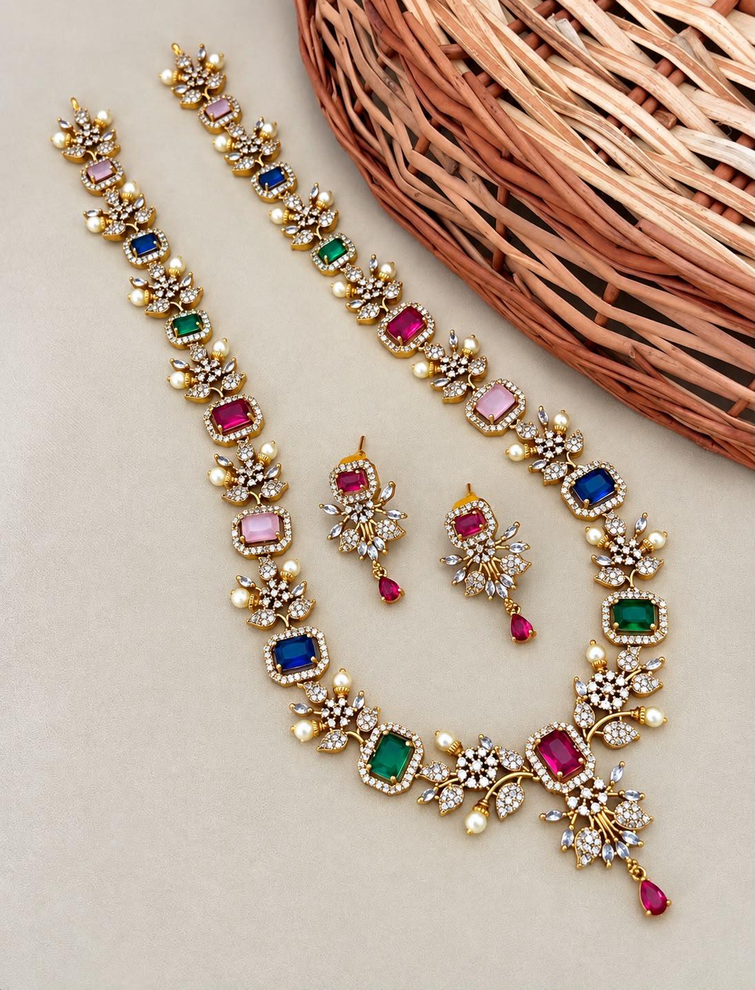 Indian CZ Long Necklace Set| South Indian Gold Tone Haram with Earrings| Bridal Temple Jewelry| Emerald Ruby AD stone Wedding Statement Haar