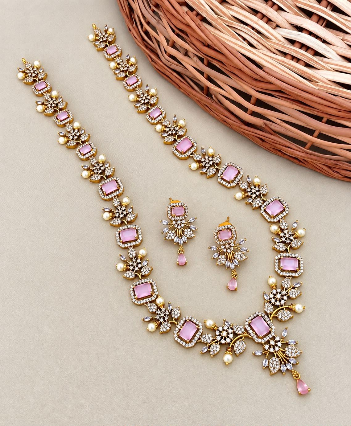 Indian CZ Long Necklace Set| South Indian Gold Tone Haram with Earrings| Bridal Temple Jewelry| Emerald Ruby AD stone Wedding Statement Haar