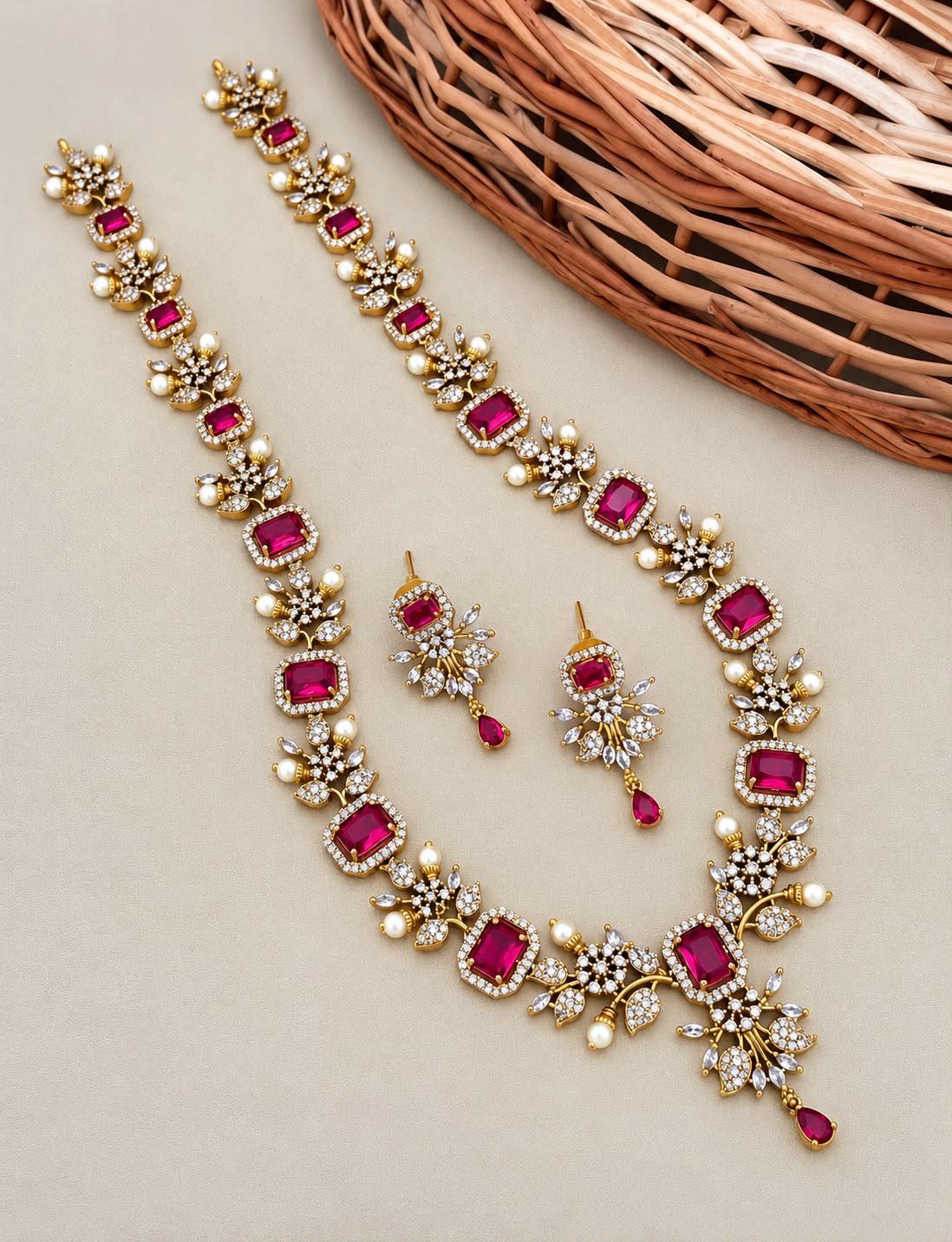 Indian CZ Long Necklace Set| South Indian Gold Tone Haram with Earrings| Bridal Temple Jewelry| Emerald Ruby AD stone Wedding Statement Haar
