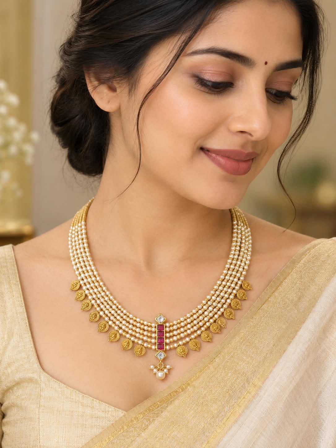 Indian Pearl Beaded Necklace| South Indian Temple Coin Kasu Mala| Gold Tone Ruby Pink Stone Layered Choker| Traditional Wedding Jewelry