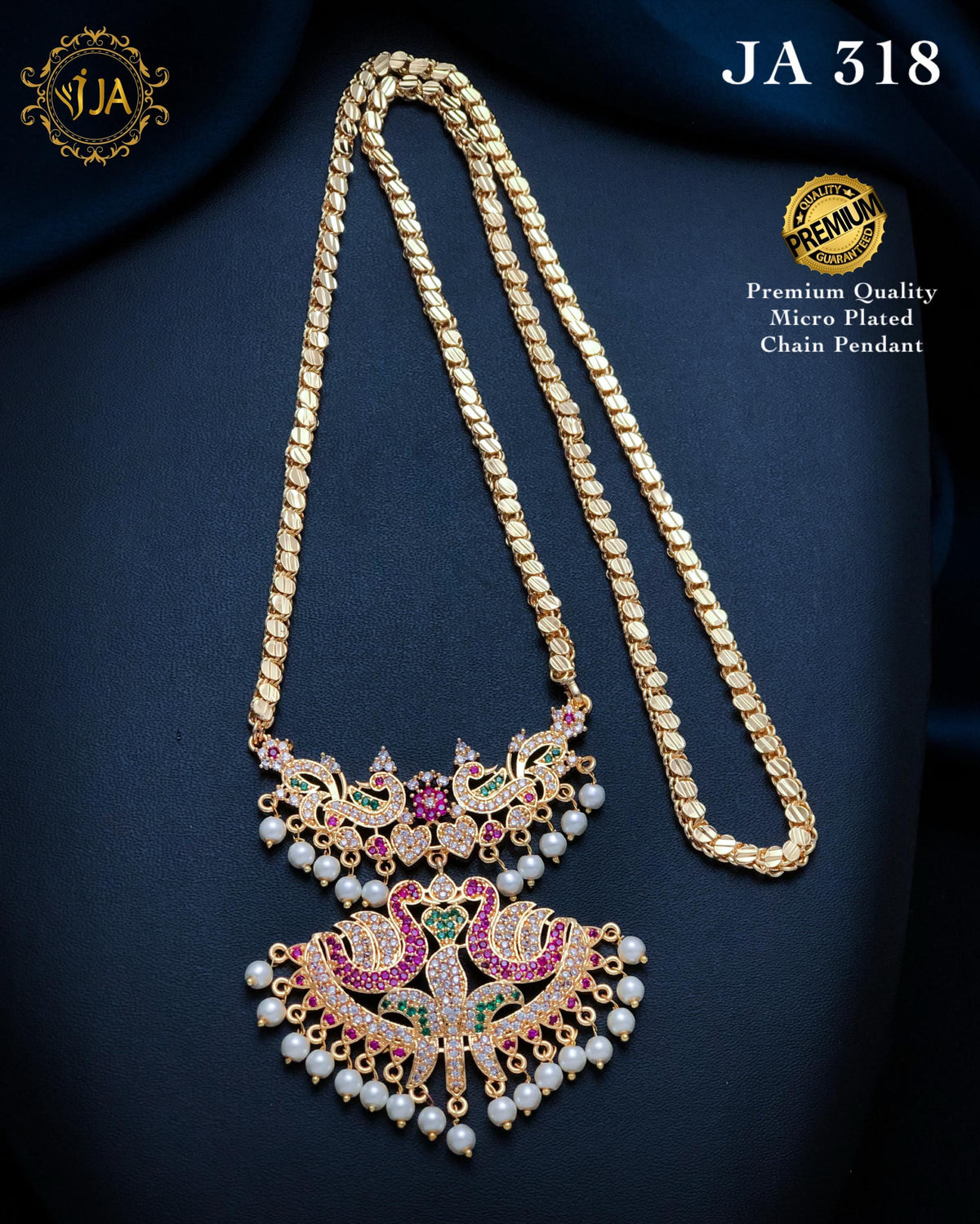 Indian Long Chain Necklace| South Indian Peacock Pendant Haram| Gold Tone Ruby Emerald CZ Temple Jewelry| Wedding Jewelry Gift for her