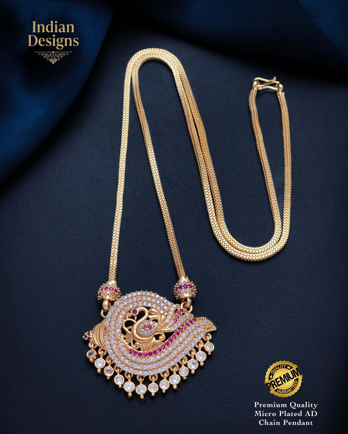 Indian Gold Plated Peacock Pendant Chain Necklace| South Indian AD Stone Temple Jewelry| Bridal Ethnic Necklace for Women| Gift for her
