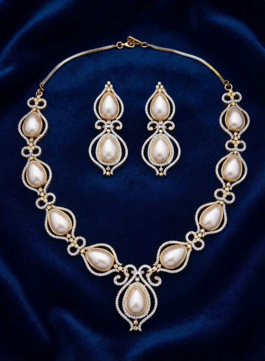 Indian Necklace Set with Pearl Drops| Dual Tone CZ Crystal Bridal Jewelry| Bollywood Wedding Party Choker & Drop Earrings| Gift for her