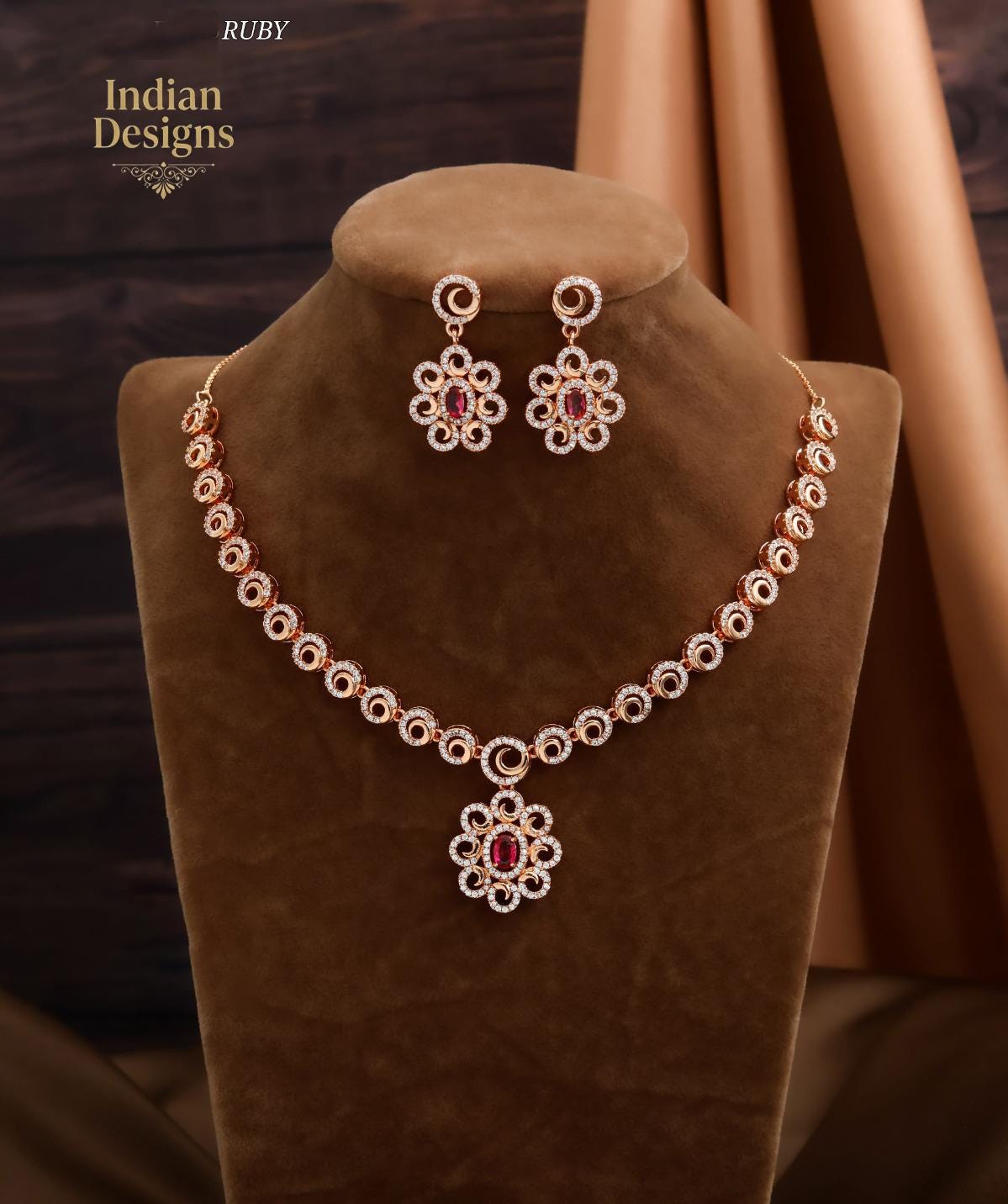 Rose Gold Tone AD Floral Pendant Necklace & Earrings| Indian CZ Necklace Set| Western Wedding Guest Jewelry| Festive Party Wear|Gift for her