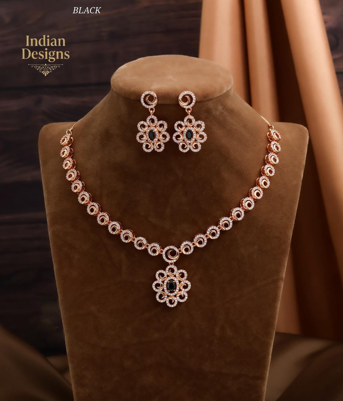 Rose Gold Tone AD Floral Pendant Necklace & Earrings| Indian CZ Necklace Set| Western Wedding Guest Jewelry| Festive Party Wear|Gift for her