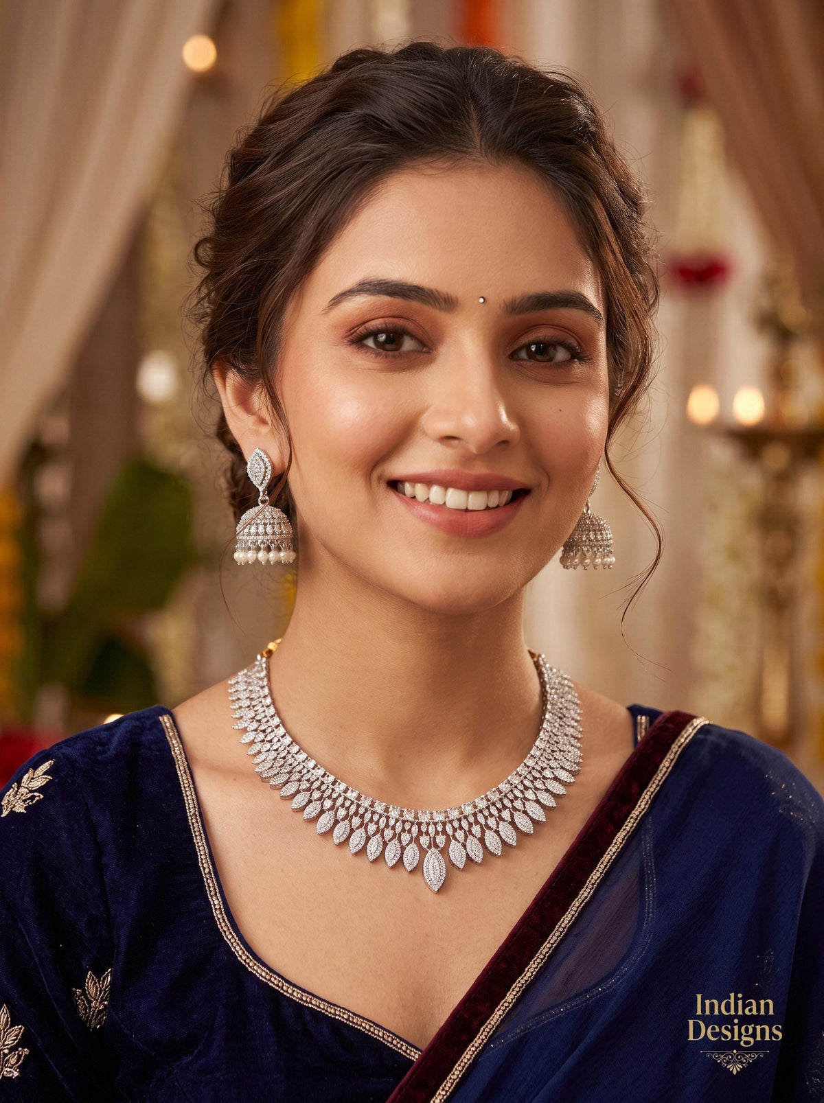 American Diamond Crystal necklace Simple choker Earring Set|CZ necklace and Jhumka set |Leaf Design Golden Daily wear jewelry|Gift for her
