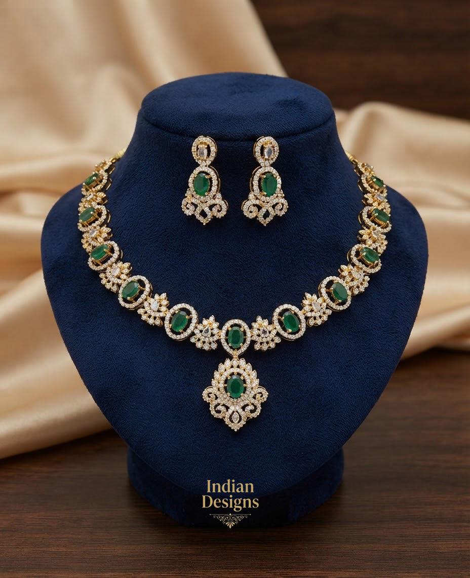 Indian CZ Necklace Set with Earrings| Gold Tone American Diamond Choker Necklace| South Indian Wedding Jewelry| Bridal Party wear choker set